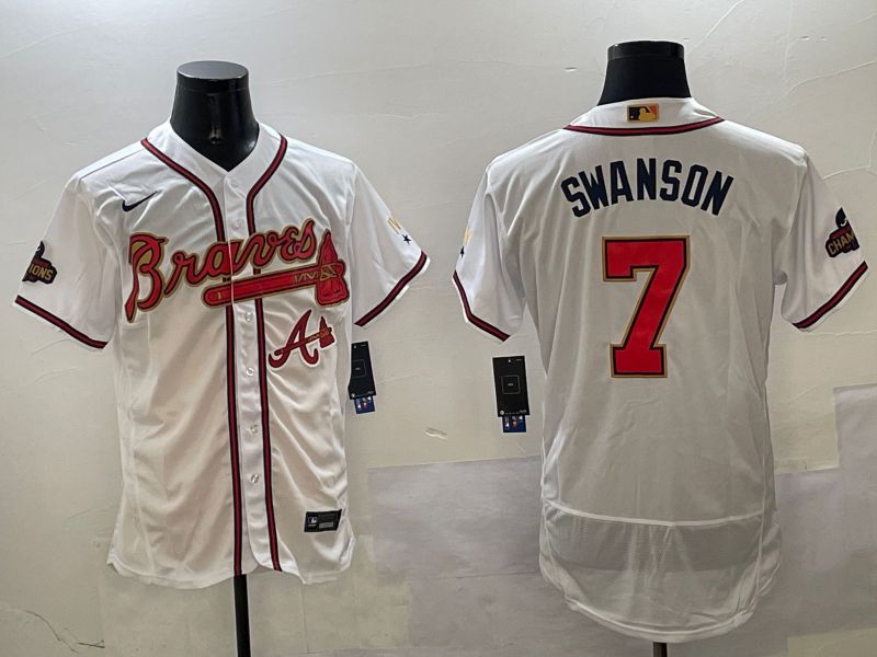 Men Atlanta Braves #7 Swanson White Gold Elite 2025 Nike MLB Jersey style 1
